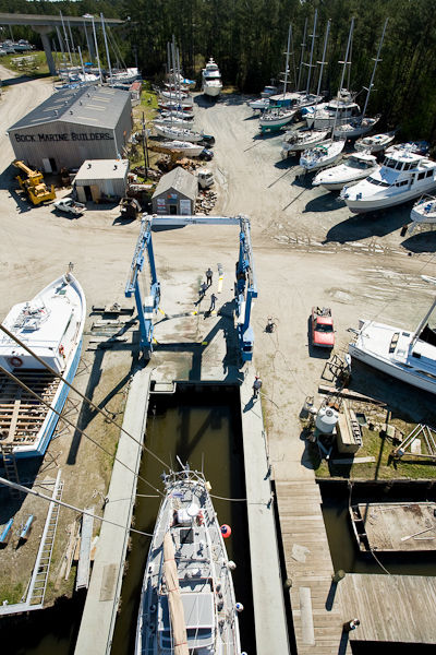 Aerial view of Bock Marine taken from the top of Morgan's Cloud's mast while she's in the travel lift runway