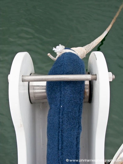 Detail of aluminum expedition sailboat Morgan's Cloud's port anchor roller