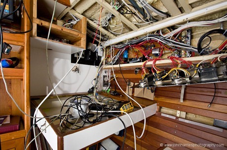 Wiring on aluminum expedition sailboat Morgan's Cloud And the boat work continued, and continued, and continued…