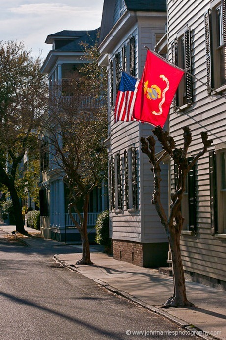 Charleston, SC residential street with flags JHH5II-11070470