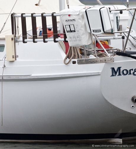 Stern of Morgan's Cloud showing Lifesling and Jonbuoy attached to rail JHH5II-15389