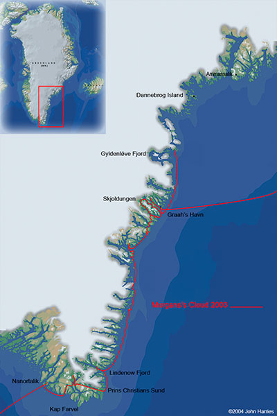 A map showing the 2003 south east Greenland cruise of aluminum expedition sailboat Morgan's Cloud