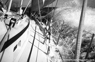 Aluminum expedition sailboat Morgan's Cloud driving to windward in Denmark Strait on a passage from Greenland to Iceland