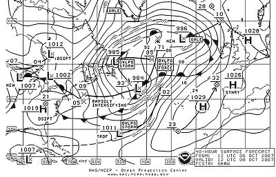 A weather fax map of the North Atlantic for October 06, showing a hurrican force storm