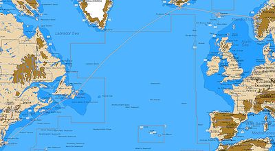 A map of the North Atlantic showing the west to east sailing route via Newfoundland and Iceland to Faeroe and Norway