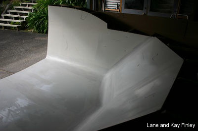 An interior view of the fiberglass hard dodger for Lane and Kay Finley's Annapolis 44 sailboat, Mai Tai, prior to cutting out the windows
