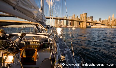 The East River as seen from the deck of aluminum sailboat Morgan's Cloud on a transit of New York Harbor