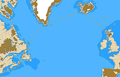 Map showing path of east to west Atlantic crossing via the Arctic
