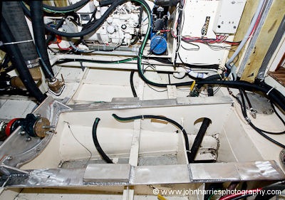 Engine room of aluminum expedition sailboat Morgan's Cloud showing new engine blocks and bulkhead