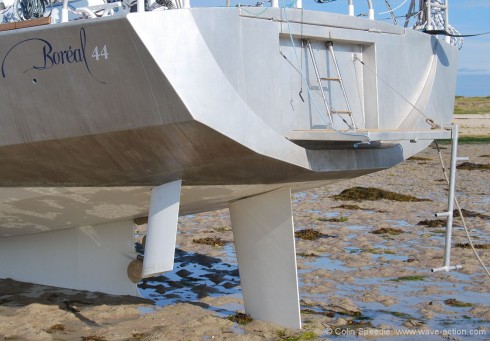 A step back from twin rudders - the Boreal 44 employs a single spade rudder, twin angled daggerboards and a conventional shaft drive exiting through the back of the keel box.