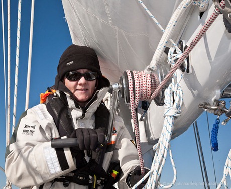 Phyllis winching the first reefing line on Morgan's Cloud JHH5-12877