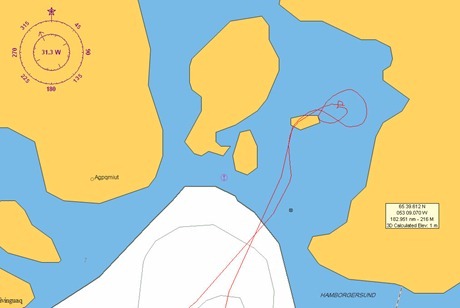 Chart of Greenland anchorage showing Morgan's Cloud's track GL-chart-1