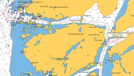 Chart of West Greenland coast showing Morgan's Cloud's track GL-chart-2