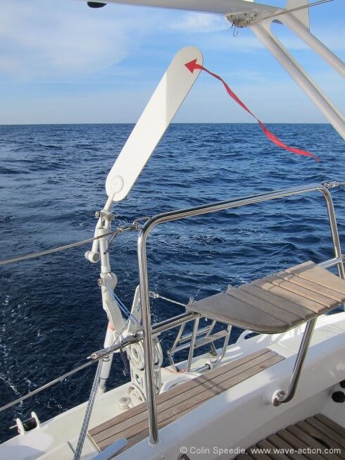 Our Pacific has a simple strip of spinnaker fabric glued to it, to help the vane in light airs – and it works! We find that as a result the gear works well even in really light conditions downwind, where many vanes struggle. It can also help to mount the air blade vertical in its bracket in really light conditions, and progressively angle it aft in stronger winds to reduce flutter – another way in which experimentation and simple, incremental adjustments can make a big difference to overall performance.