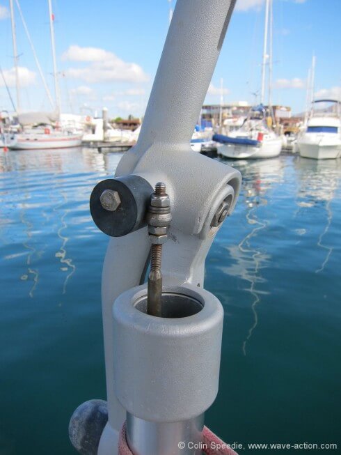 It pays to make a thorough check that all adjustable nuts and bolts are secure before any long passage. During our last passage a ‘clacking’ noise and a wandering course alerted me that the lock nuts on this pushrod had come loose. A dab of Loctite and a couple of spanners soon cured this, but a quick once over before departure might have spotted it. It’s also a good idea to check all nuts and bolts on the mounting brackets for tightness, and in some cases cracks at the welds – these gears transmit a huge amount of power when they are working in anger and something may well suffer in the long-term.