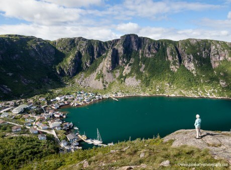 Overlooking the village of Francois with the stone Friar across the fjord