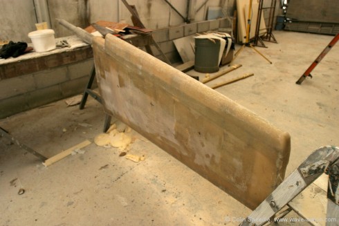 No original shell meant nothing to mould from, so GRP wonder man Chris Jones at Gweek Quay worked by eye in two halves. With the welded tangs in place the first side of the shell could be bonded more effectively to the structure by laying up mat over the tangs before the foam was applied. With the second side of the shell attached, a solid layup to bond the two sides could be applied to make for a really strong shell—much more so than with a conventional production rudder.